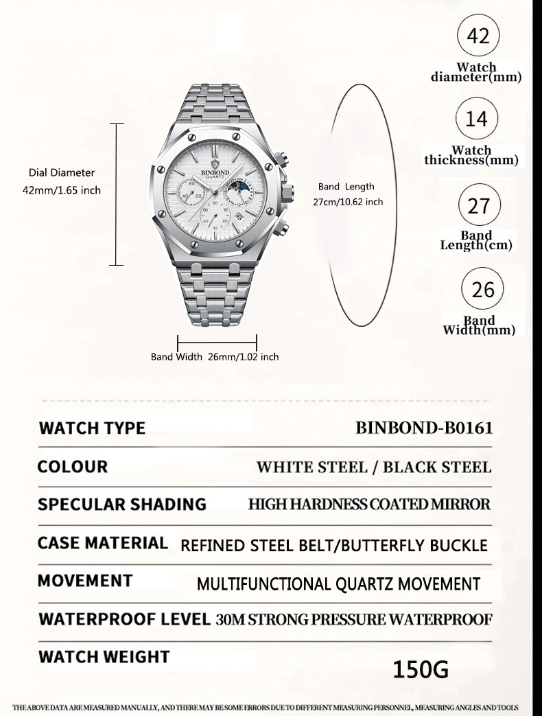 BINBOND Topmerk Man Quartz Horloge Luxe Lichtgevende Chronograaf Horloge Roestvrij Staal Waterdicht Heren Datum Kalender Klok