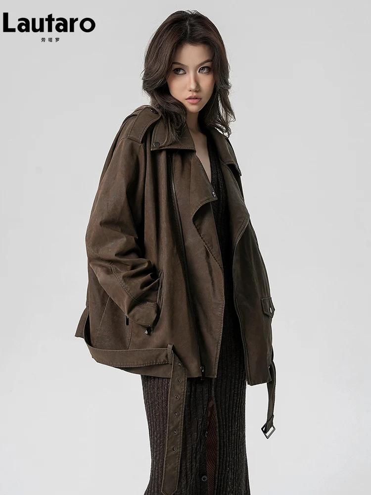 Lautaro Frühling Herbst cool gut aussehend übergroße notleidende braune weiche Pu Leder Biker Moto Jacke Frauen Luxus Designer Kleidung