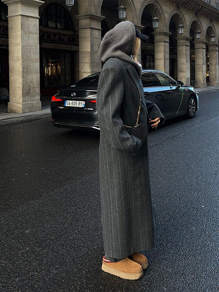Sobretudos de lã listrado para mulheres, casacos de lapela vintage, mangas compridas, moda extragrande, jaqueta feminina, outono e inverno, 2024