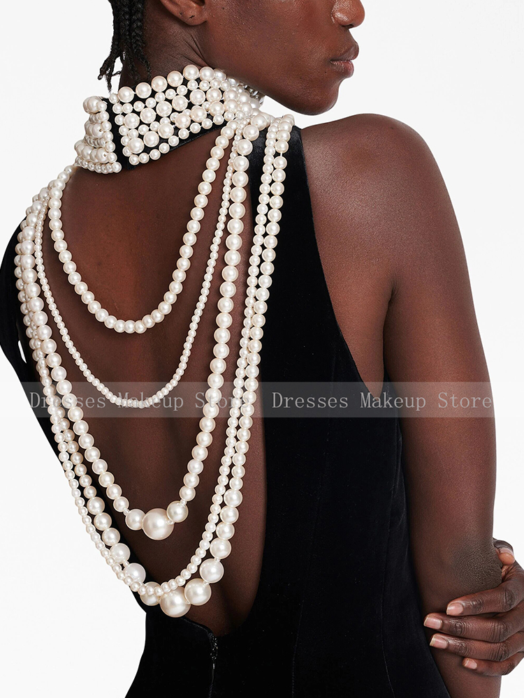 Luxury Women's Evening Gowns Black Velour Pearl Split Formal Dress Straight High Collar Long Beaded Evening Gowns 2024