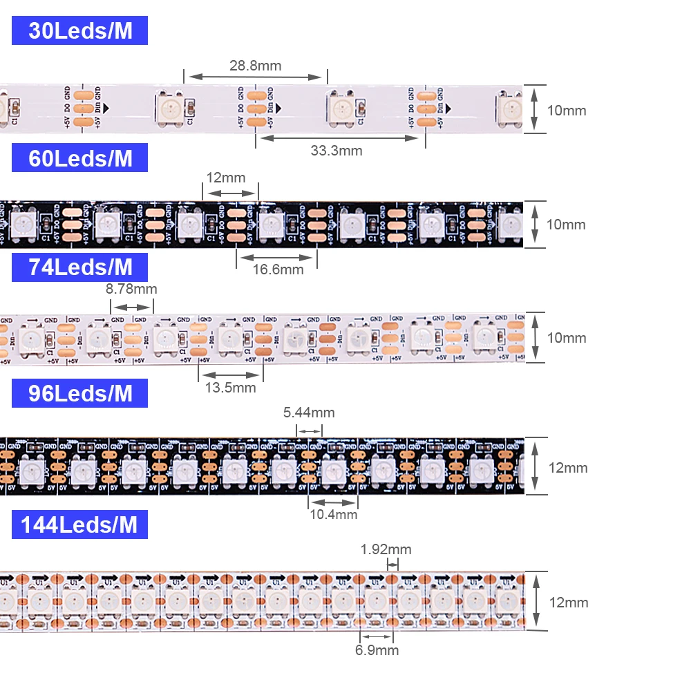 WS2812B Smart RGB Dây Đèn LED WS2812 Riêng Lẻ Addressable Đèn LED 30/60/144 Đèn LED Màu Đen/Trắng PCB chống Thấm Nước IP30/65/67 DC5V