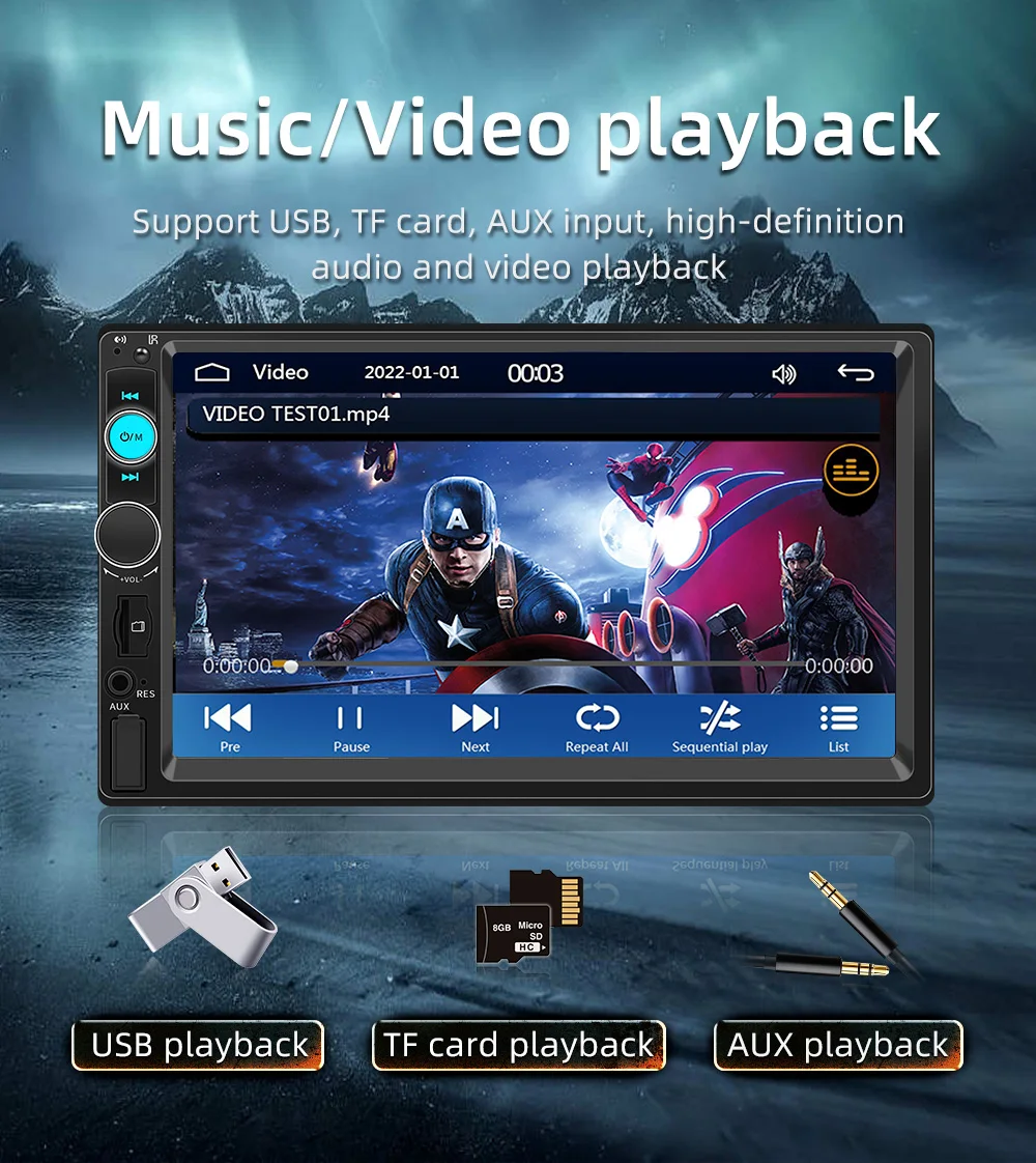 BQCC 7 ''Autoradio 2din HD Touchscreen MP5-speler Bluetooth 12V FM ISO Power Extra ingang Spiegel Link Multimediaspeler