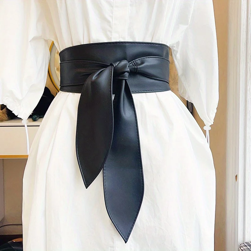 Czarny pas Obi z kokardką Koronkowy gorset z wiązanym węzłem PU Szerokie paski w talii Elegancki płaszcz do sukienki Pas dla kobiet