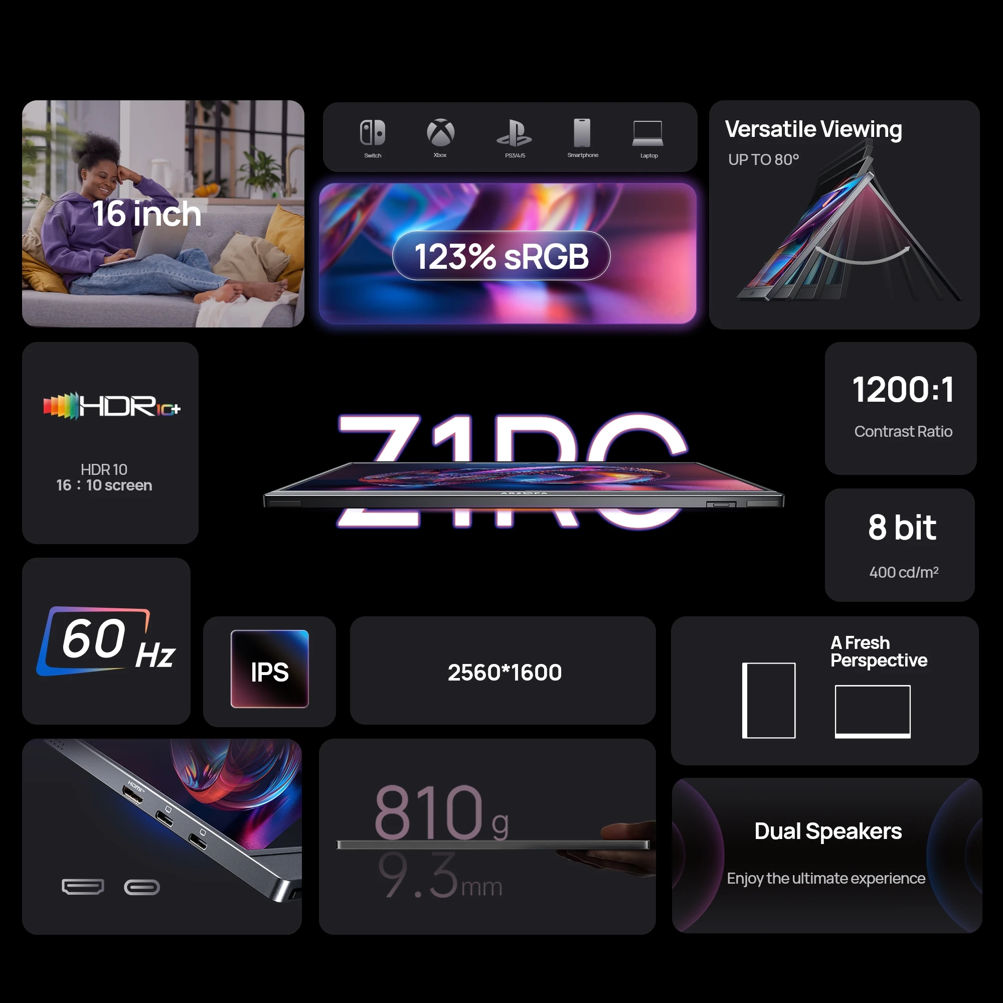 ARZOPA 16 polegadas 2K Monitor Portátil 16:10 Tela IPS com tipo c mini hdmi Segundo Display para MAC/Laptop/PC/Xbox/PS4/5/Switch, Z1RC