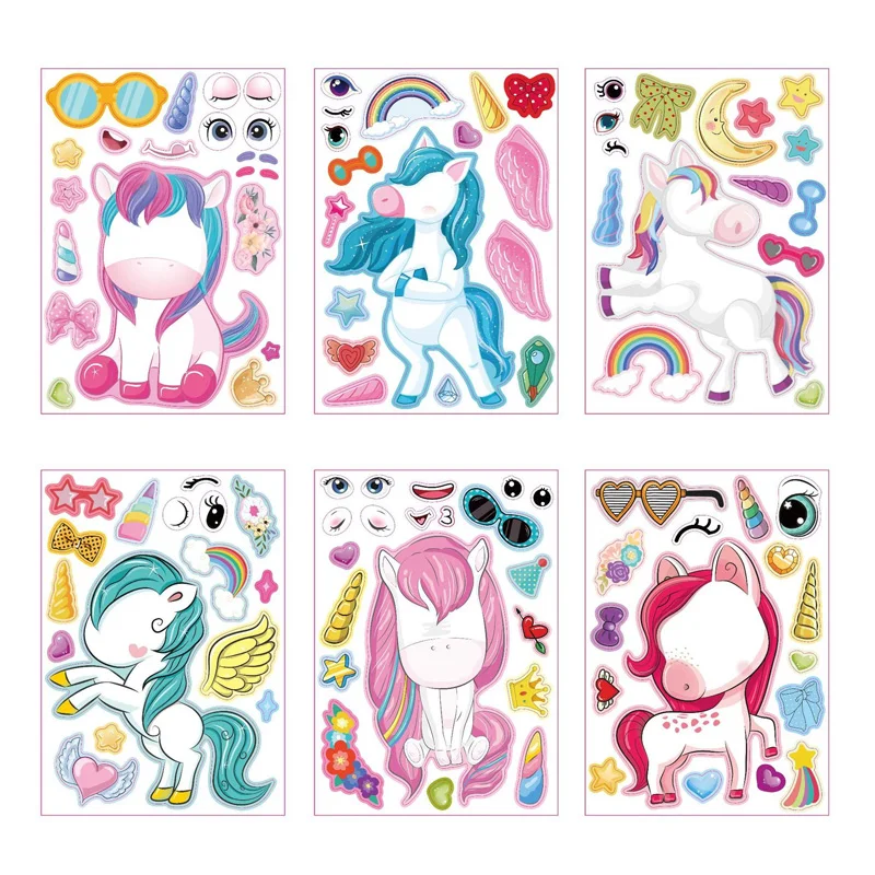 6 แผ่น/ชุดการ์ตูนยูนิคอร์น Make A Face ประกอบ DIY สติกเกอร์เด็ก Handmade Creative Kawaii สติกเกอร์ตกแต่ง