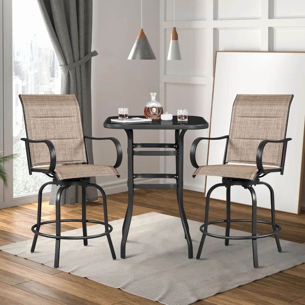 2 Piece Patio Swivel Bar Stools Texteline Bistro Chairs with High Back/Armrest/Footrest, All Weather Padded Seating Outdoor Fur