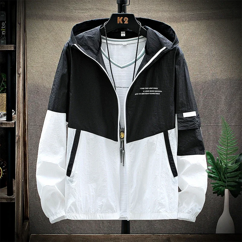 2025 casacos de pele de verão masculino ultra leve proteção solar uv tamanho grande com capuz jaqueta corta-vento masculino listrado casual outwear