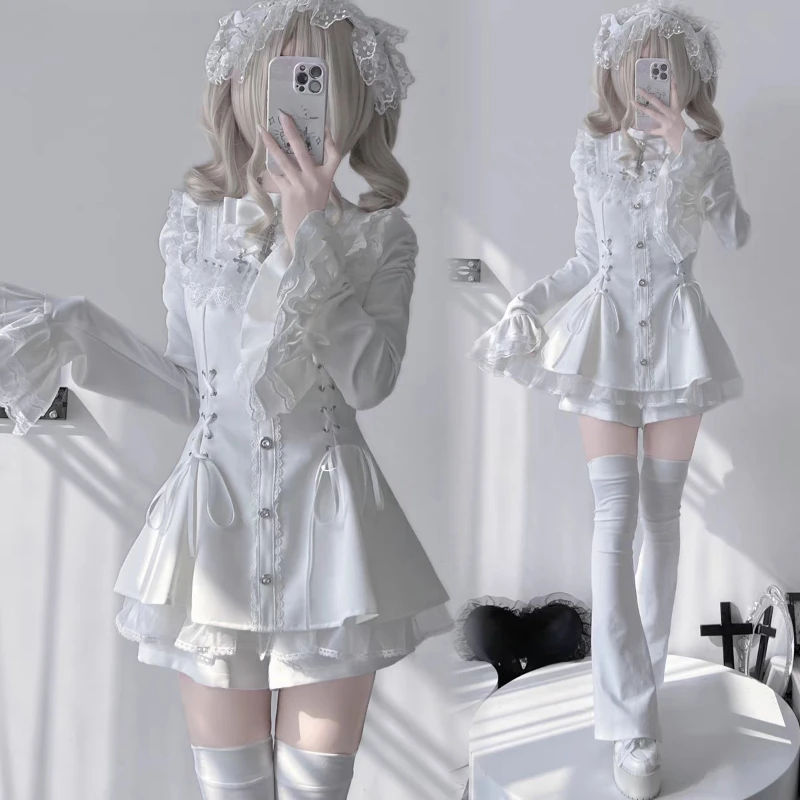 Japonês gótico lolita vestido conjunto feminino harajuku y2k arco rendas babados colarinho mini vestidos femininos elegantes festa bonito vestido