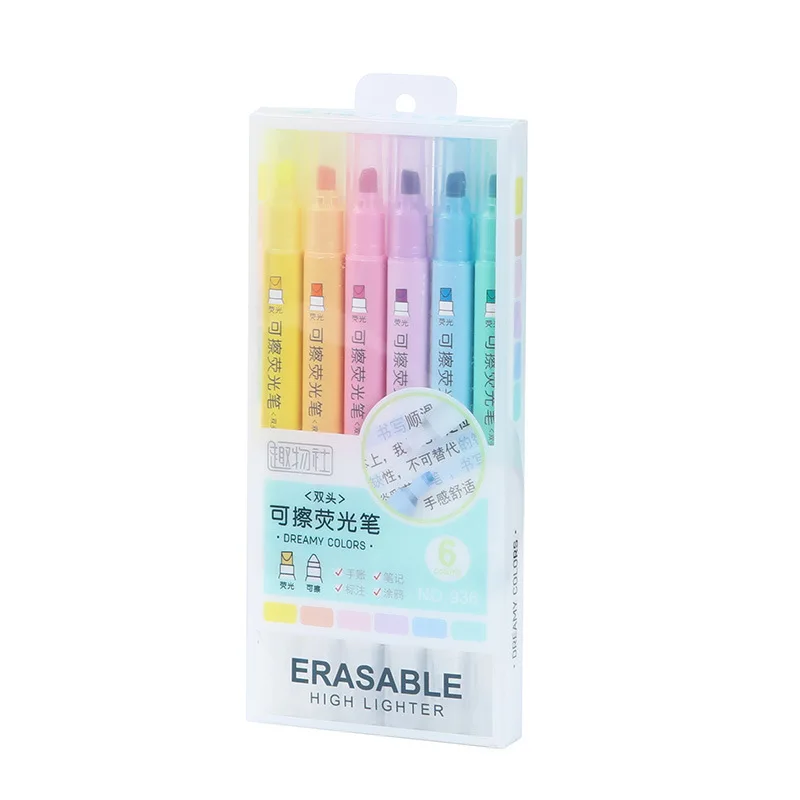 6 Stück löschbare Textmarker, Pastellmarker, fluoreszierender Stift mit zwei Spitzen für Kunst, Zeichnen, Kritzeln, Markieren, Schule, Büro, Schreibwaren