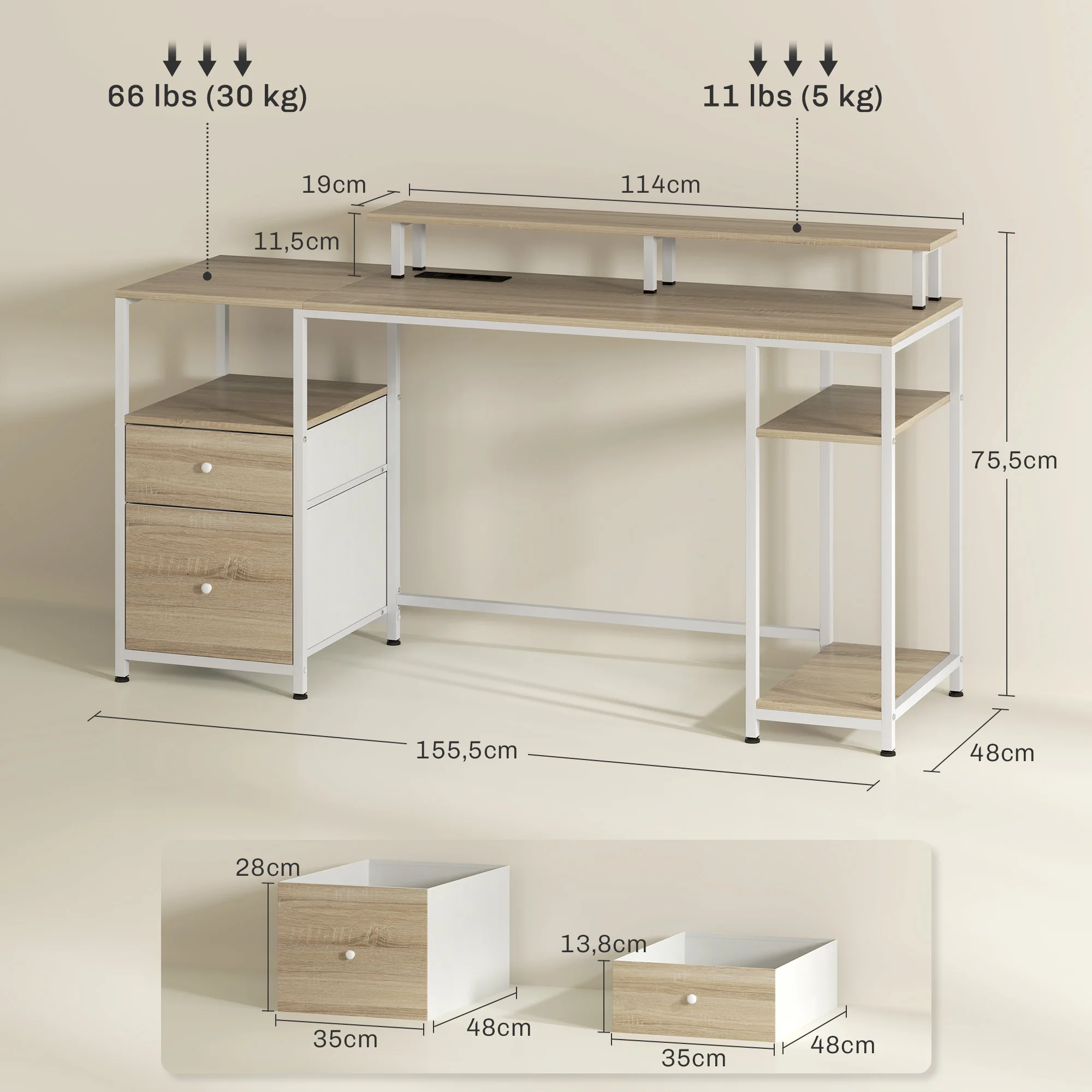 Mesa de escritório HOMCOM com prateleiras de luzes LED 155,5x48x75,5 cm Natural