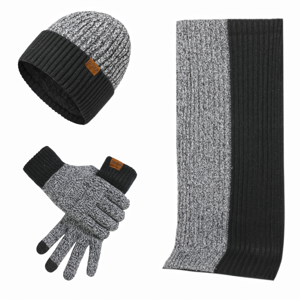 Conjunto para mantener el calor de otoño e invierno para hombre, gorro Unisex, guantes, bufanda, silenciador de punto de hilo de lana para hombre, sombrero de Color de contraste para primavera y otoño
