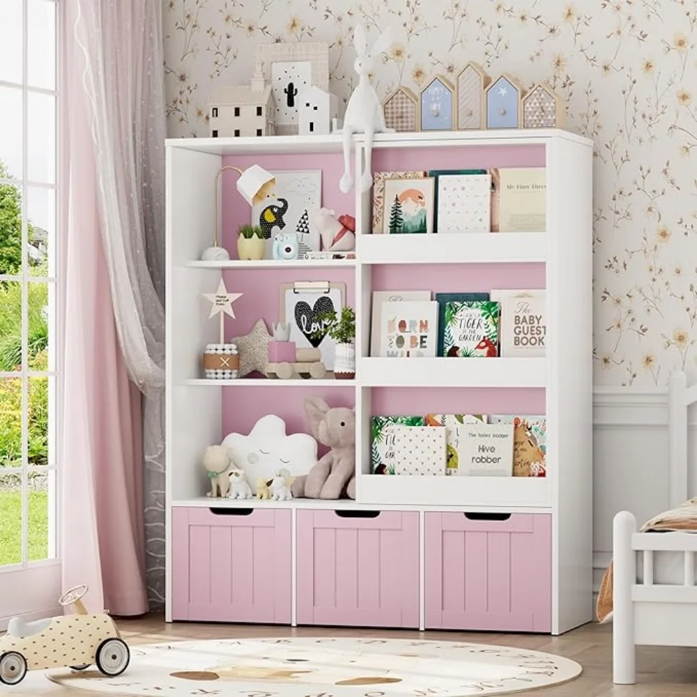Toy Storage Organizer with Sliding Book Shelf, Toy Organizers and Storage, Playroom Organization and Storage Kids Bookshelf