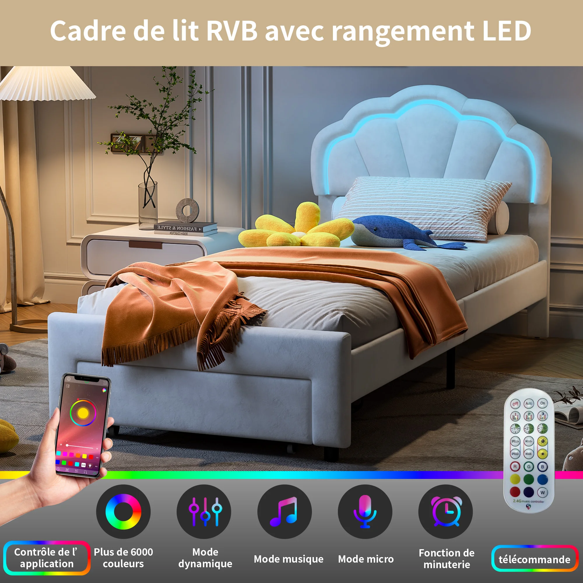 Comanlai-Cama infantil com forma de flor cabeceira, cama de solteiro estofada com luzes LED e gavetas, tecido de veludo, 90x200cm