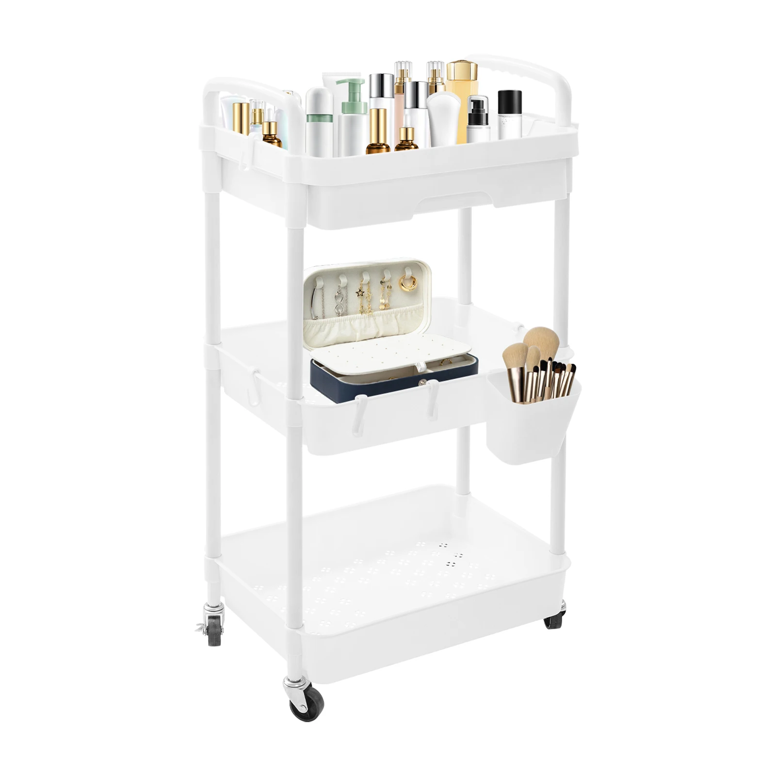 Carrello con rotelle a 3 livelli con cassetto Spaziatura del livello 5 kg per ripiano Carrello mobile con carico per libreria domestica Dormitorio 2,2 kg