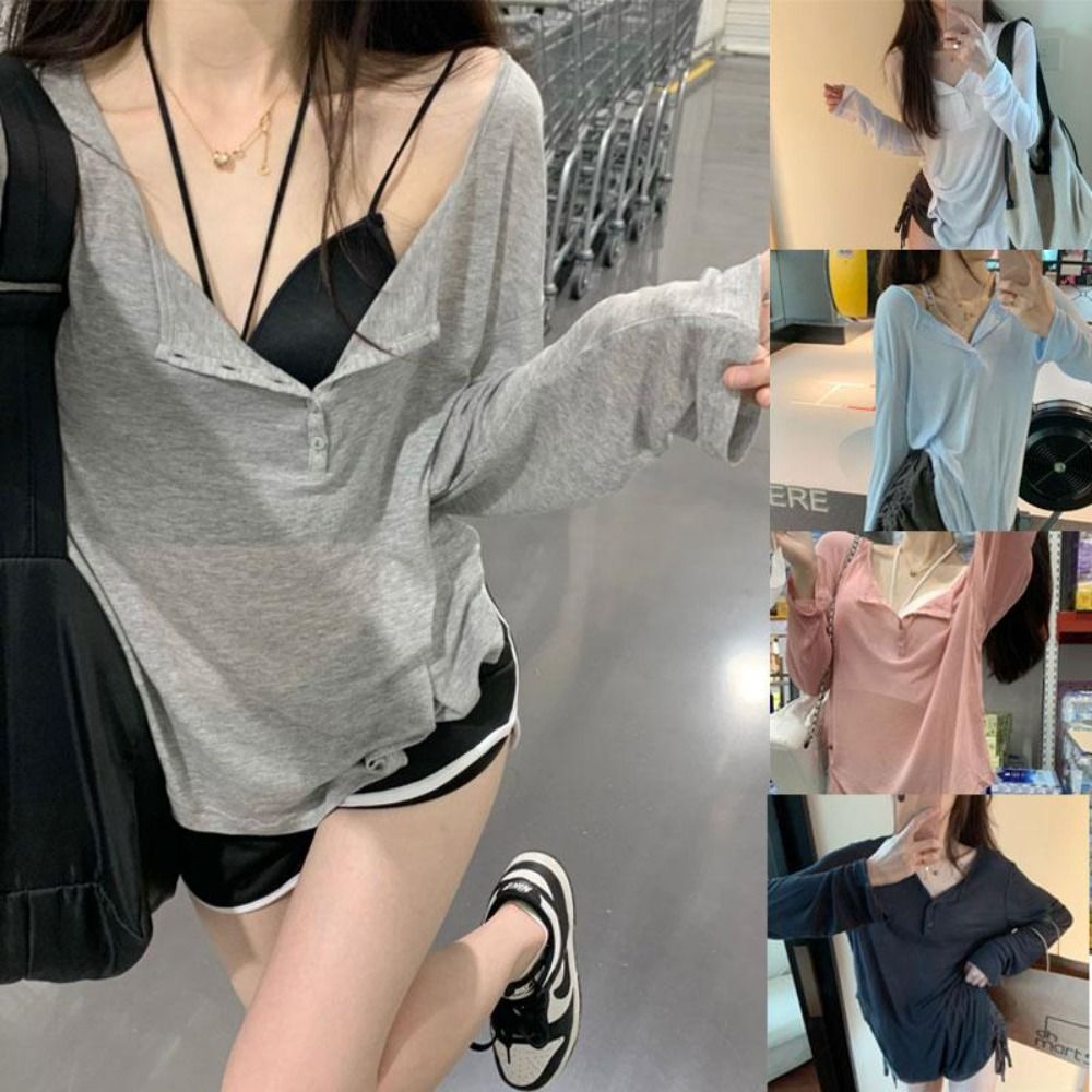 Long Sleeve Tank Top Korean Fashion Y2k Button T Shirts V Collar Sun Protection Frock Lady