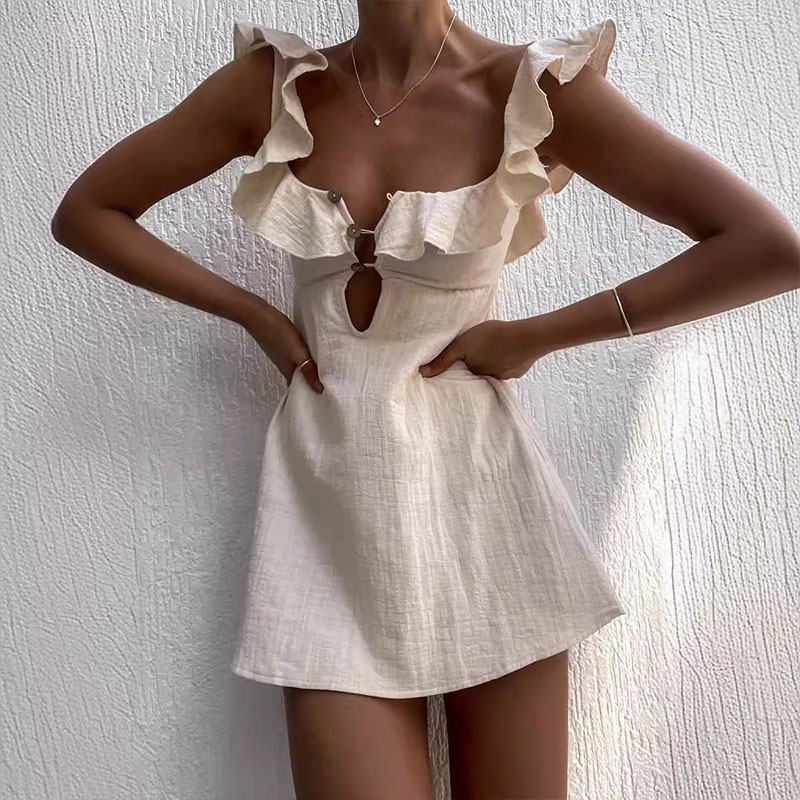 Sommer Aushöhlen Taste Rüschen Kurzes Kleid Sexy V-ausschnitt Ärmelloses Einfarbig Kleid Neue Urlaub Strand Baumwolle Leinen Mini Kleid