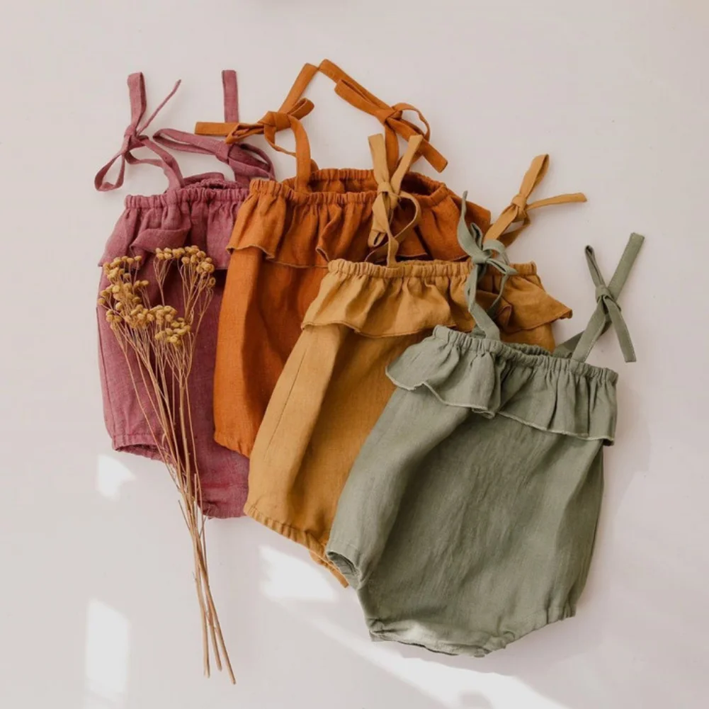Zomer Baby Meisjes Rompertjes Effen Katoen Baby Romper Ruches Slip Bandje Kids Playsuit Jumpsuits Eendelige Babykleding