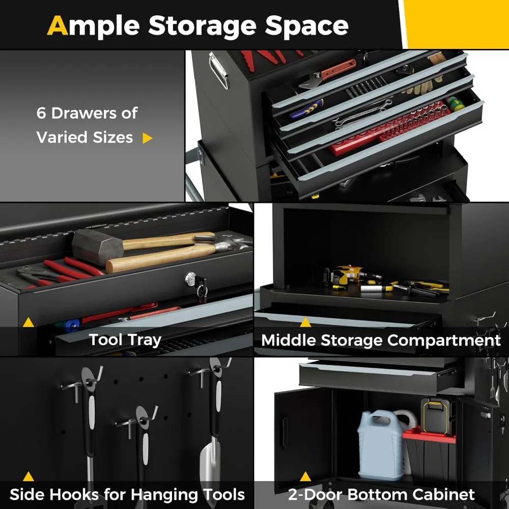 Large Tool Cabinet, Lockable Metal Tool Chest Combo with Detachable Top Cabinet, Wheels, 6 Drawers & Hooks, Workbenches