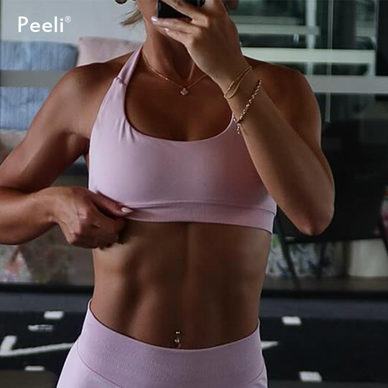 Sujetador deportivo de alto soporte para mujer, sujetador de Yoga sin costuras con cuello Halter, sujetadores deportivos acolchados con espalda descubierta, Top corto de gimnasia, Tops de entrenamiento de realce para Yoga para mujer