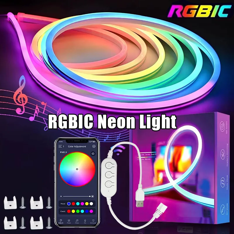 Tira de luces LED de neón RGBIC, 1M, 2M, 3M, 5M, Bluetooth, Control por aplicación, USB, luces LED de neón flexibles e impermeables para juegos, decoración del hogar