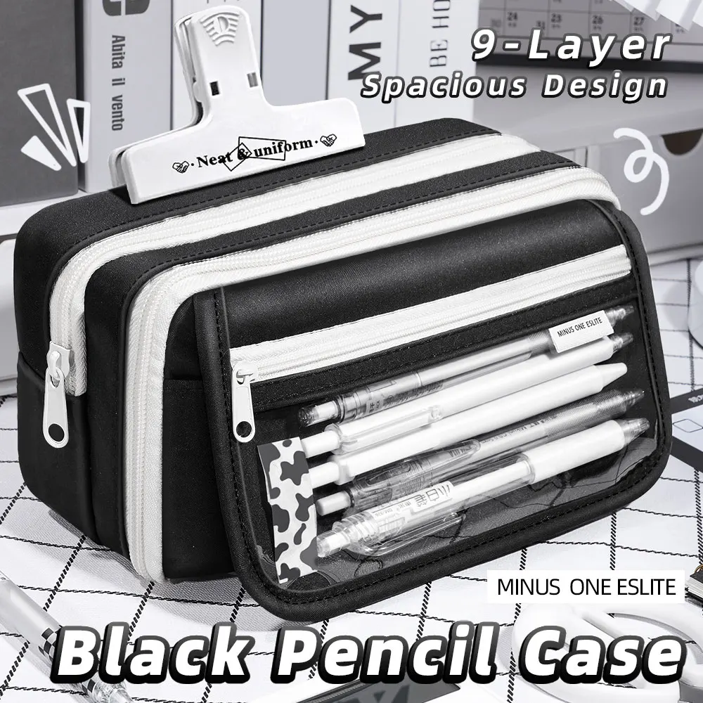 Estuche de lápices negro Inkpals, estuches escolares Kawaii de gran capacidad para niños, bolsa grande para volver a la escuela, caja organizadora para bolígrafos