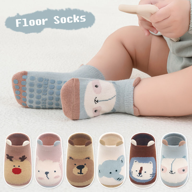 6 pares crianças meias de algodão antiderrapante meninos e meninas bonito dos desenhos animados animal estampado confortável respirável meias de chão do bebê