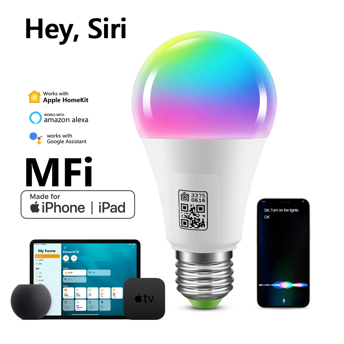 Bombilla LED inteligente con Wifi Homekit con certificación MFI, lámpara inteligente E27, bombilla LED regulable multicolor, Control Siri para Alexa y Google Home
