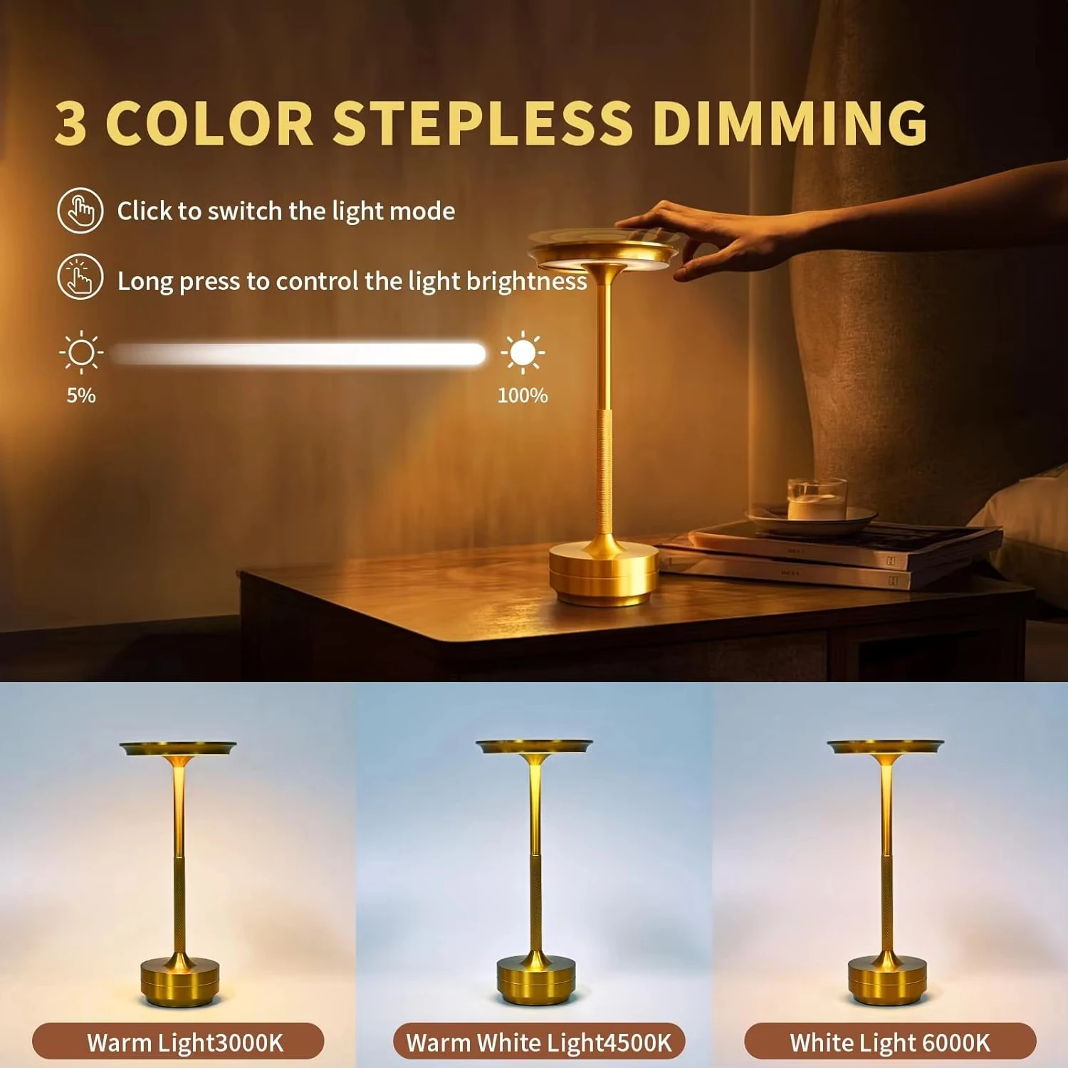 Lampada decorativa semplice in lega di alluminio Luce notturna a LED Atmosfera dimmerabile infinitamente Lampada da scrivania touch ricaricabile portatile retrò