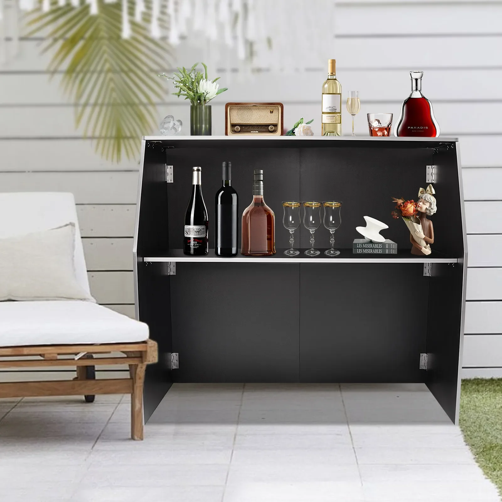 Folding Portable Event Bar with Top and Middle Shelves, Bartender Table Cabinet Station, Mobile Laminate for Parties and Events