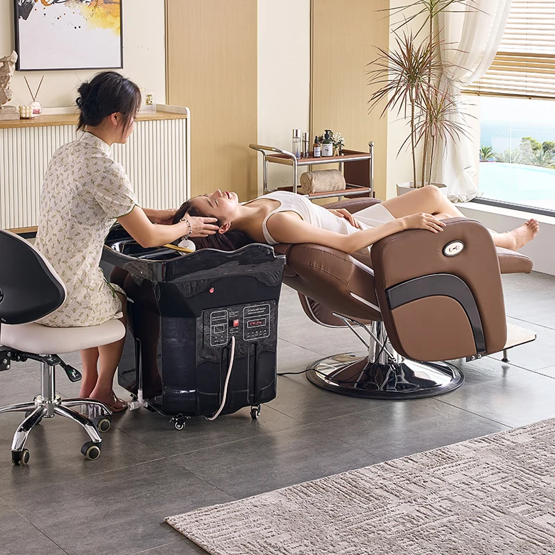 Letto Head Spa con serbatoio dell'acqua, sedia per shampoo mobile, lavabo nero. Bacino per shampoo portatile