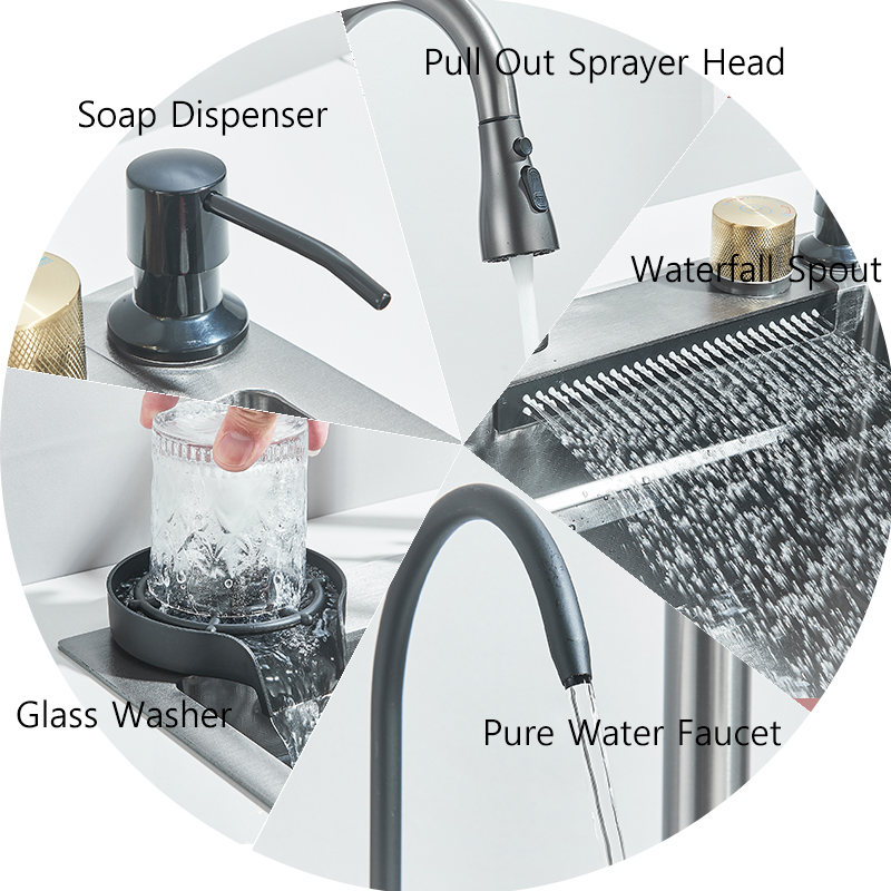 Évier de cuisine cascade en acier inoxydable 304, grand fente unique intégrée, ensemble de robinets 60x45cm, distributeur de savon/eau Pure/laveuse de tasses