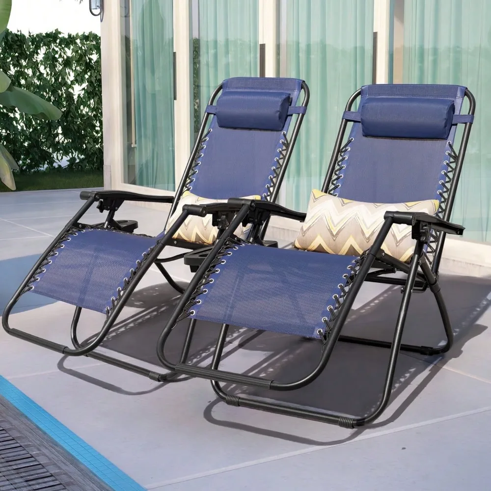JHK Zero Gravity Set of 2 Portable Recliner Camping Patio Outdoor Garden Lounge Chair with Cup Holder Trays Adjustable Pillow