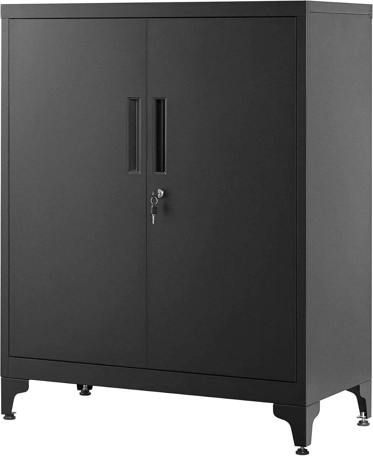 Büroschrank mit 2 Türen, Schrank abschließbar, Stahlschrank, für Arbeitszimmer, Wohnzimmer, Mattschwarz OMC01