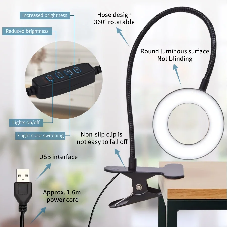 Lampka biurkowa LED z klipsem, ładowalna, ściemnialna, z giętką szyjką, lampka do czytania, lampka biurowa, lampka do wzrostu roślin, przenośne oświetlenie stołowe