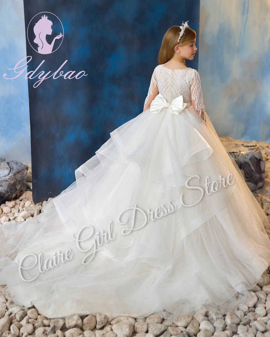 Customized Elegant Flower Girl Dresses For Wedding Sequins With Bow Puffy Princess Birthday Party First Communion Ball Gown
