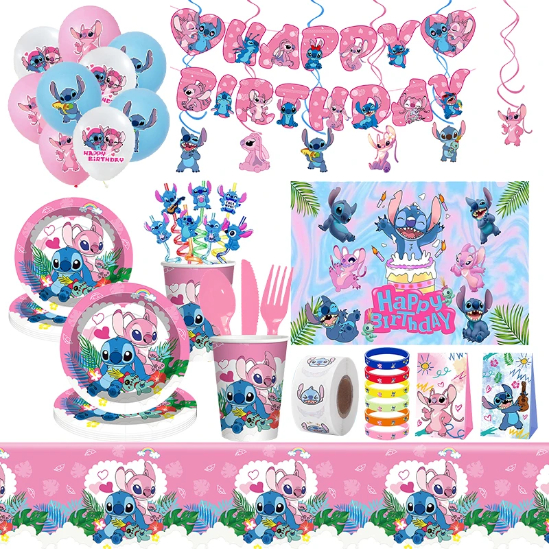 Lilo y Stitch decoraciones de cumpleaños Stitch cumpleaños niña decoración de fiesta suministros globos telón de fondo pancarta platos tazas mantel