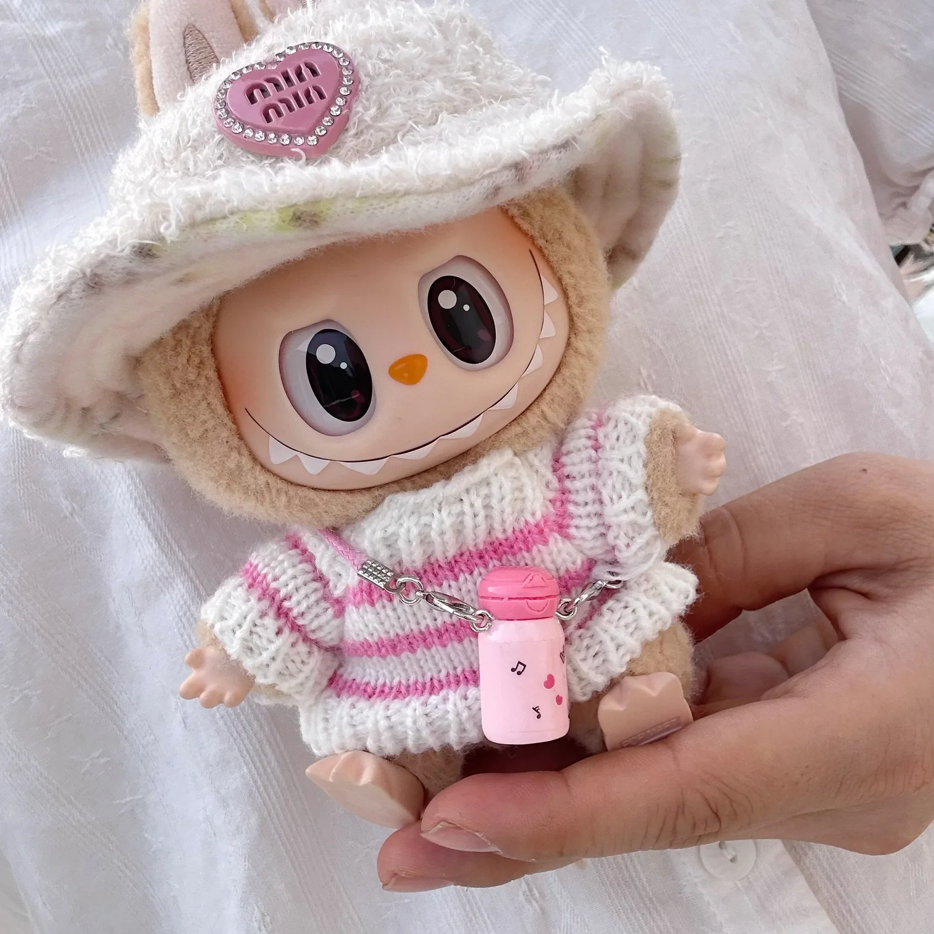 Para Labubu V1 V2 Idol ropa bonita para muñeca suéter de moda accesorios para fiesta sentada rosa blanco