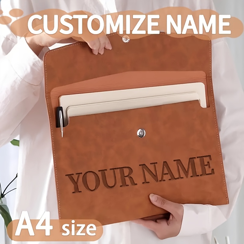 Personalized PU Leather A4 File Folder Custom Name Magnetic Closure File Bag Waterproof Document Laptop Bag for Office School