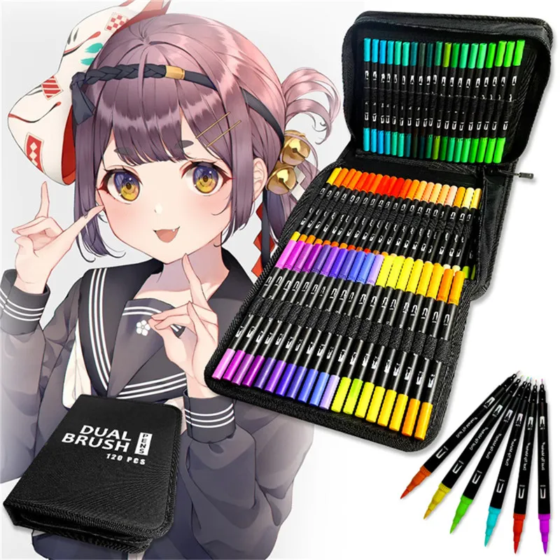 60/120 Art Marker Set met dubbele punt Levendige aquarelfineliner en penseelpennen - Duurzaam etui met ritssluiting - Zachte tips om te kleuren