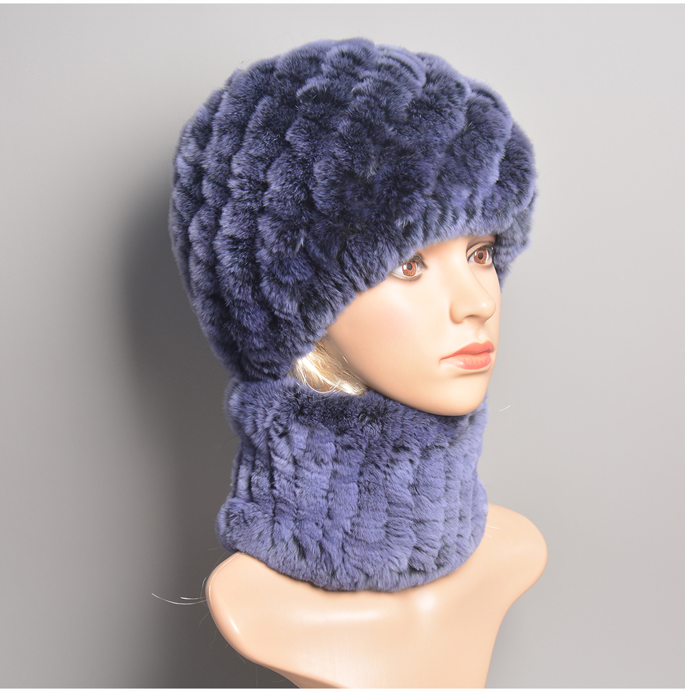 Conjunto de bufanda y sombrero de piel de conejo Rex Real para mujer, bufandas de piel de conejo Rex cálidas naturales, sombrero de Invierno para mujer