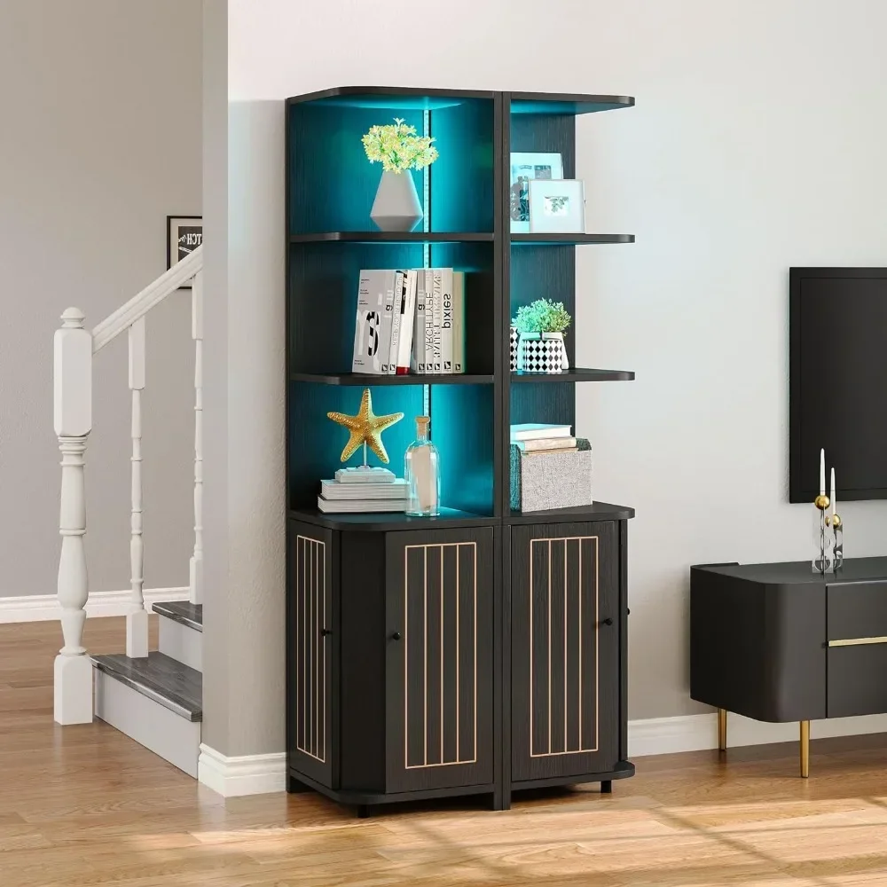 Corner Cabinet with LED Lights, 71.1“ Corner Bookshelf and Bookcase with Storage, Modern Display Corner Shelf for Living Room,