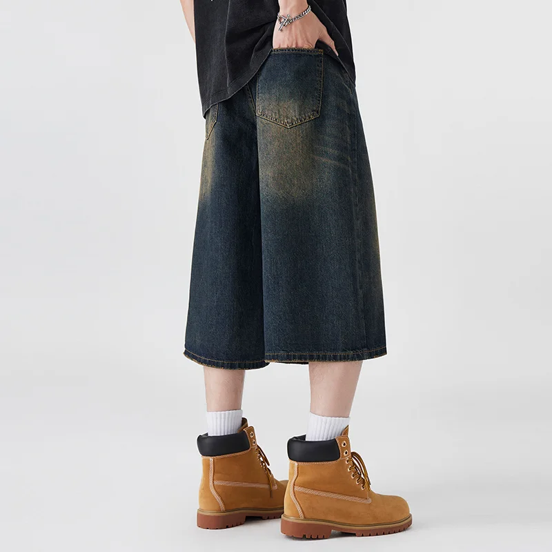 Pantalones cortos de mezclilla no elásticos Seven-Five para hombre, pantalones cortos informales de estilo simple y versátiles con ajuste de pierna ancha y suelto