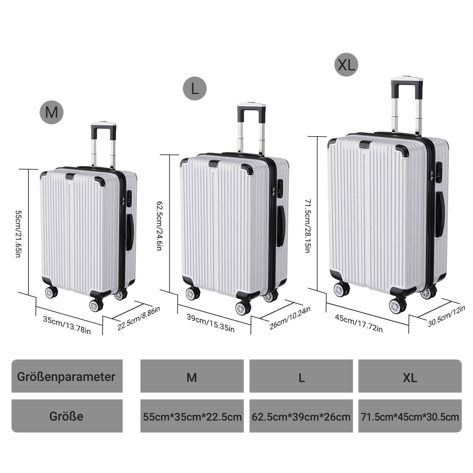 Conjunto de mala Comanlai de 3 peças com trava TSA e rodas universais, conjunto de bagagem de mão para viagem com suporte de carga portátil, ABS, prata