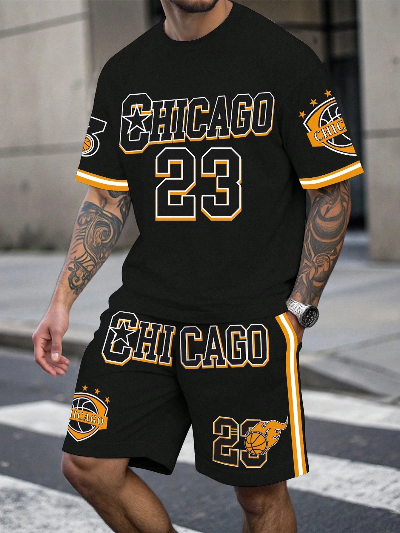 Esportes masculinos manga curta topo shorts conjunto plus size respirável basquete roupas esportivas carta impressão camiseta shorts conjunto de 2 peças