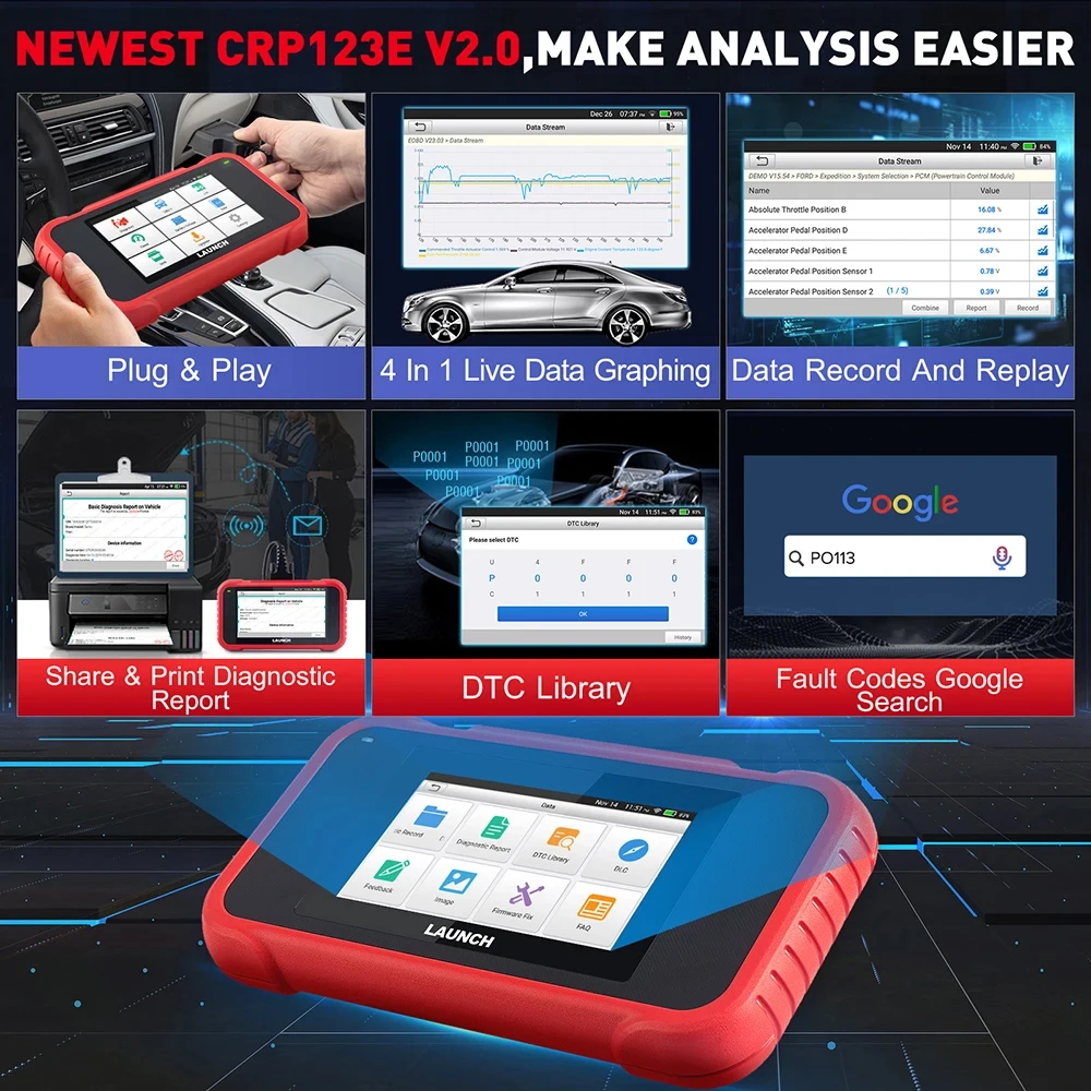 LAUNCH CRP123E CRP123I V2.0 ENG ABS SRS système de Transmission 7 réinitialisation à vie Code clair gratuit Scanner OBD outils de Diagnostic de voiture français