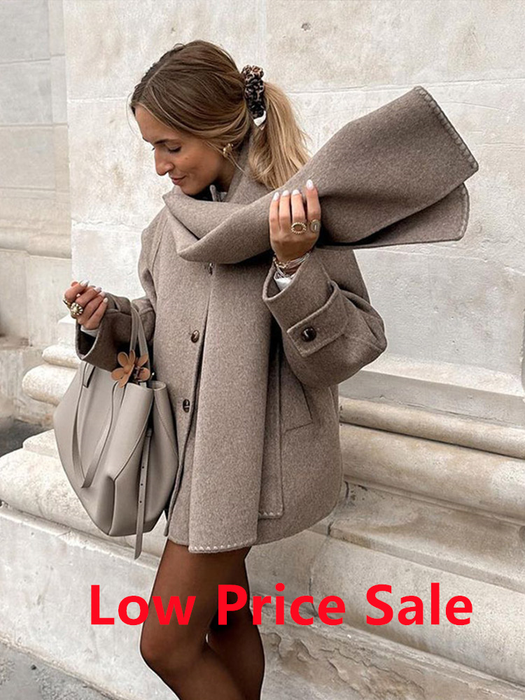 Elegant Scarf Collar Short Jackets Women Casual Loose Khaki Single-Breasted Jacket Female Autumn Winter Chic High Streetwear Top