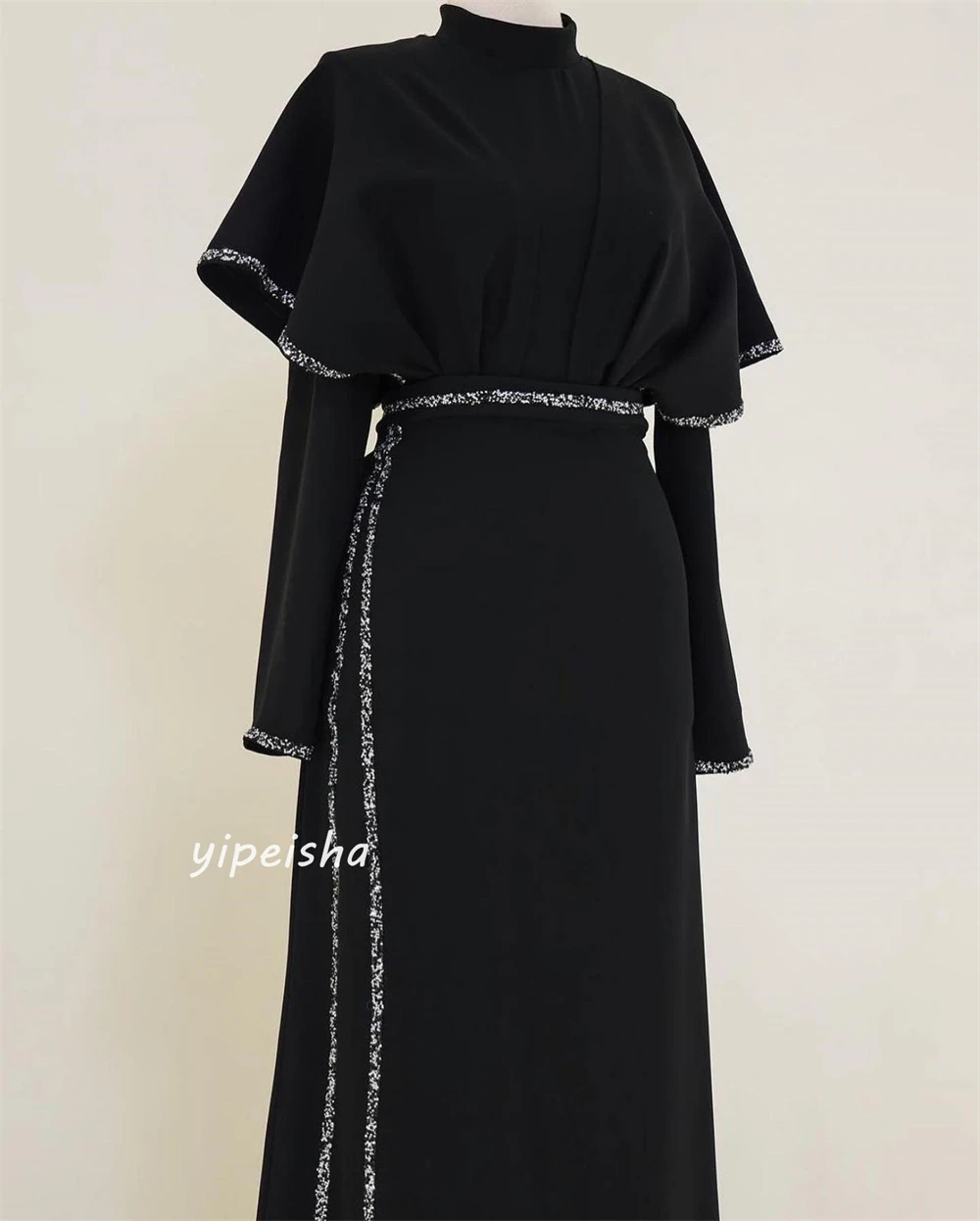 Customized Jersey Sequined Ruched Prom A-line High Collar Bespoke Occasion Gown Midi Dresses Saudi Arabia Evening Dress for Wome