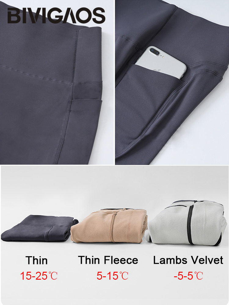BIVIGAOS Otoño Invierno polar bolsillo Sharkskin Leggings mujeres alta cintura ajustada terciopelo grueso cálido deportes correr Leggings