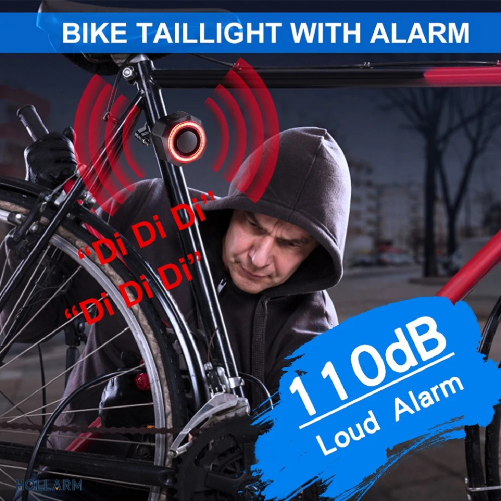 Hollarm Inteligentny alarm tylnego światła roweru Zabezpieczenie przed kradzieżą Antywłamaniowy alarm świetlny roweru Ładowanie USB Inteligentny czujnik hamulca Zdalne sterowanie Tylna Lam