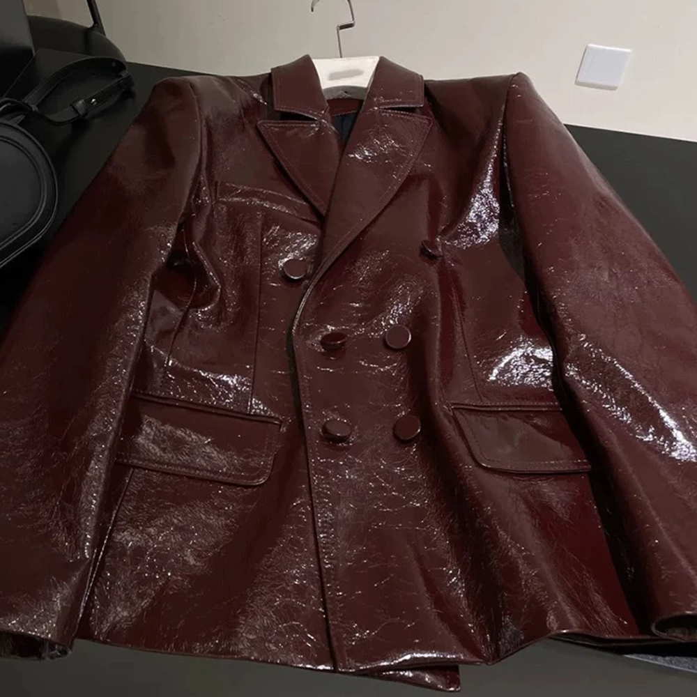 TWOTWINSTYLE Feste Beiläufige Leder Blazer Für Frauen Kerb Kragen Langarm Patchwork Zweireiher Lose Mäntel Weibliche Neue